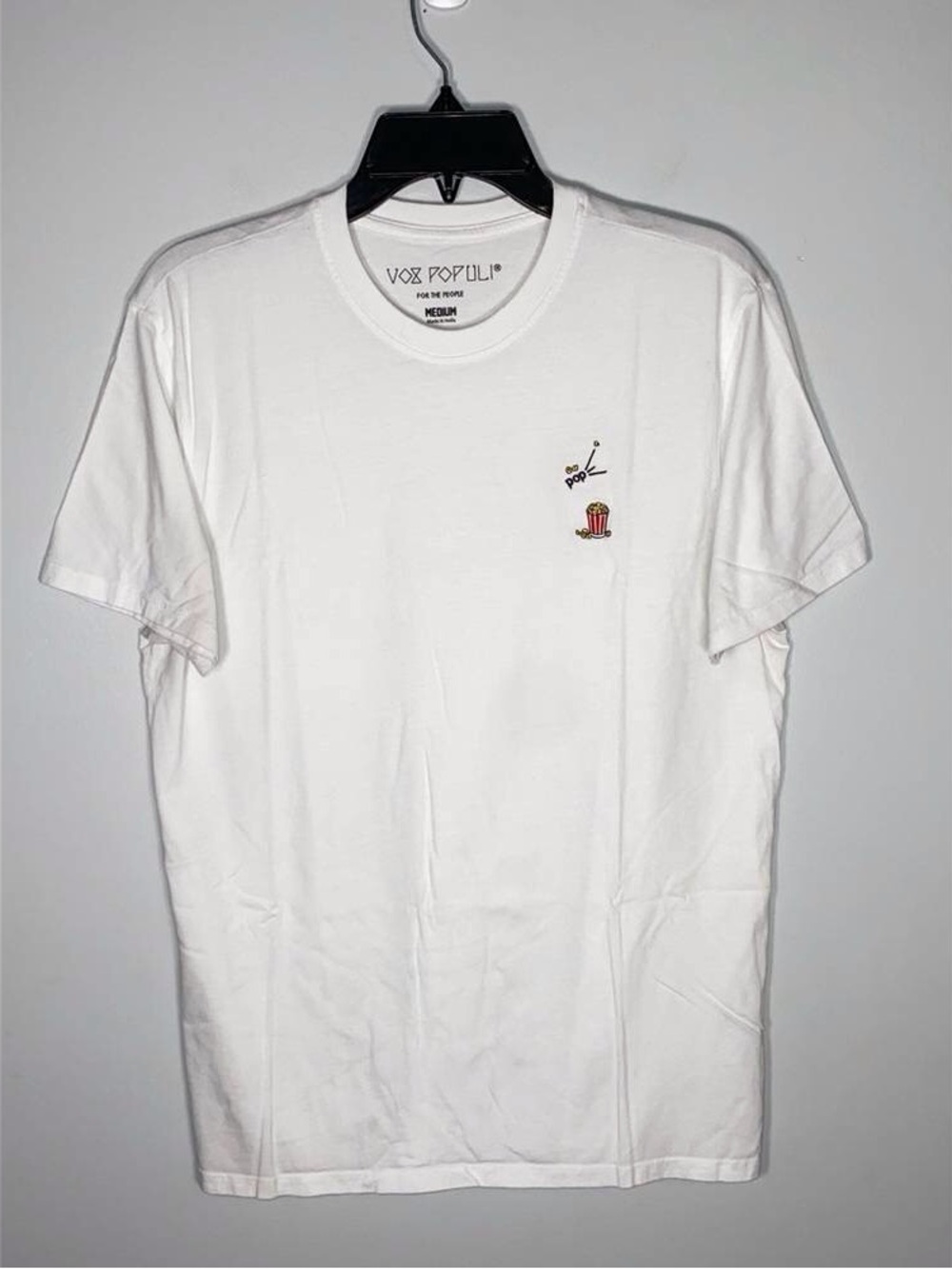 White Crew Neck Tee with Popcorn Chest Embroidery